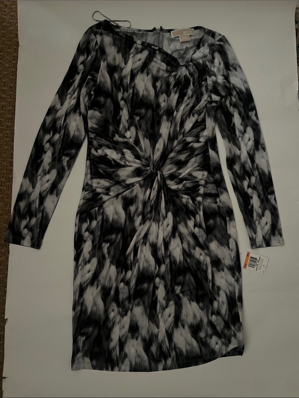Michael Kors Black and White Twist-Front Long Sleeve Dress